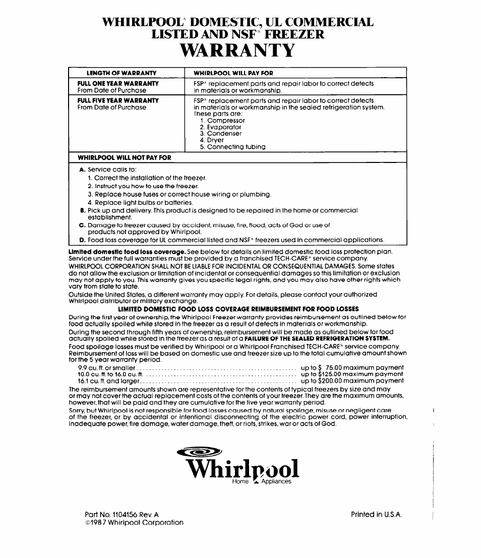 Whirlpool, Warranty | Whirlpool EV150C User Manual | Page 12 / 12