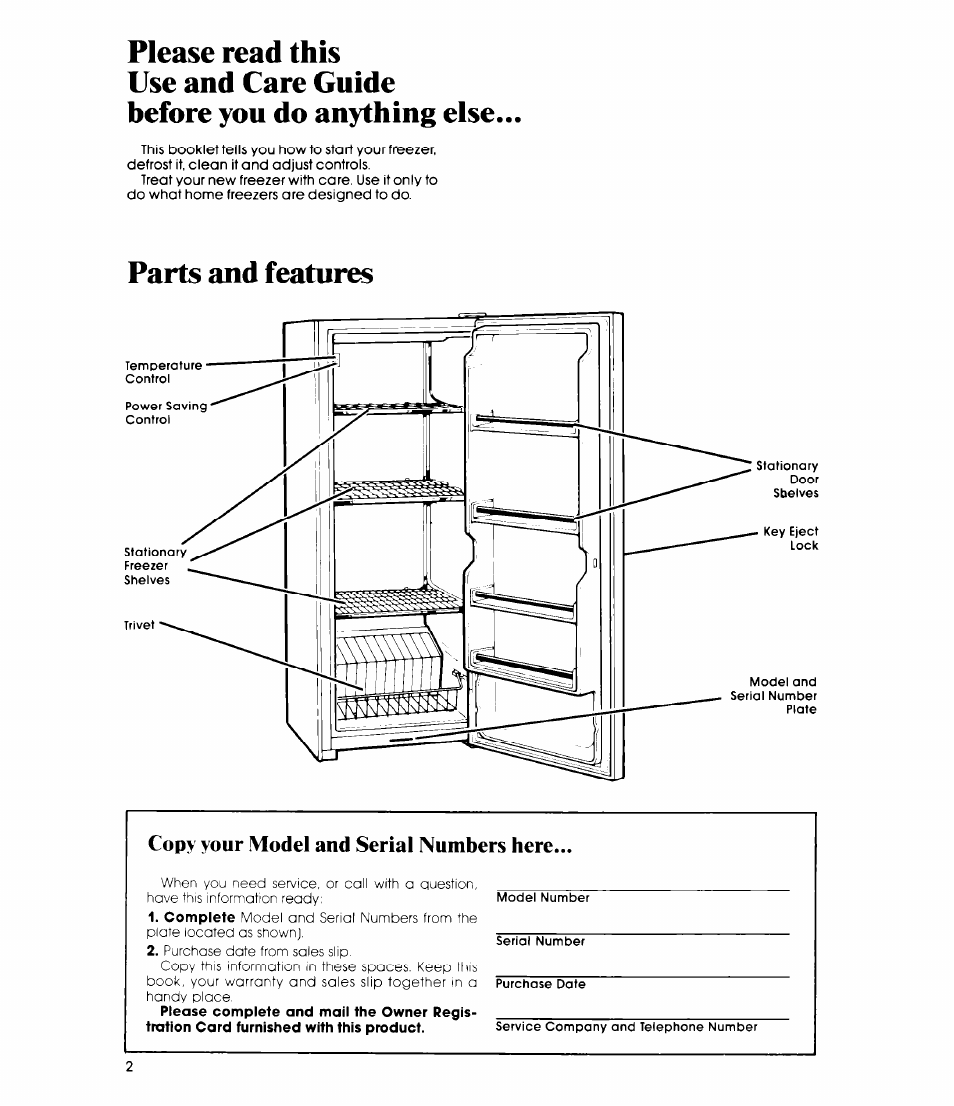 Parts and features, Copy your model and serial numbers here | Whirlpool EV150C User Manual | Page 2 / 12