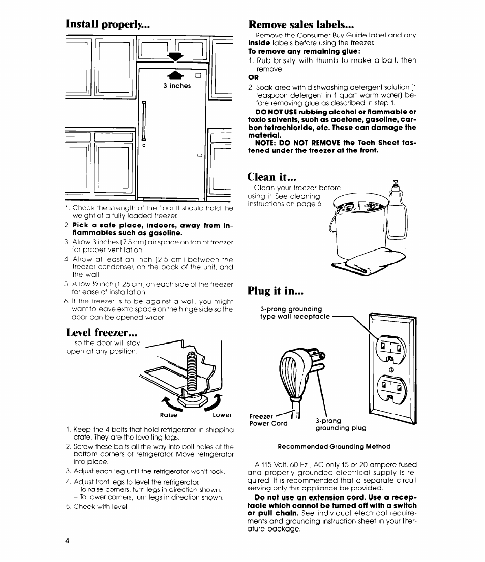 Level freezer, Remove sales labels, Level freezer remove sales labels | Whirlpool EV150C User Manual | Page 4 / 12