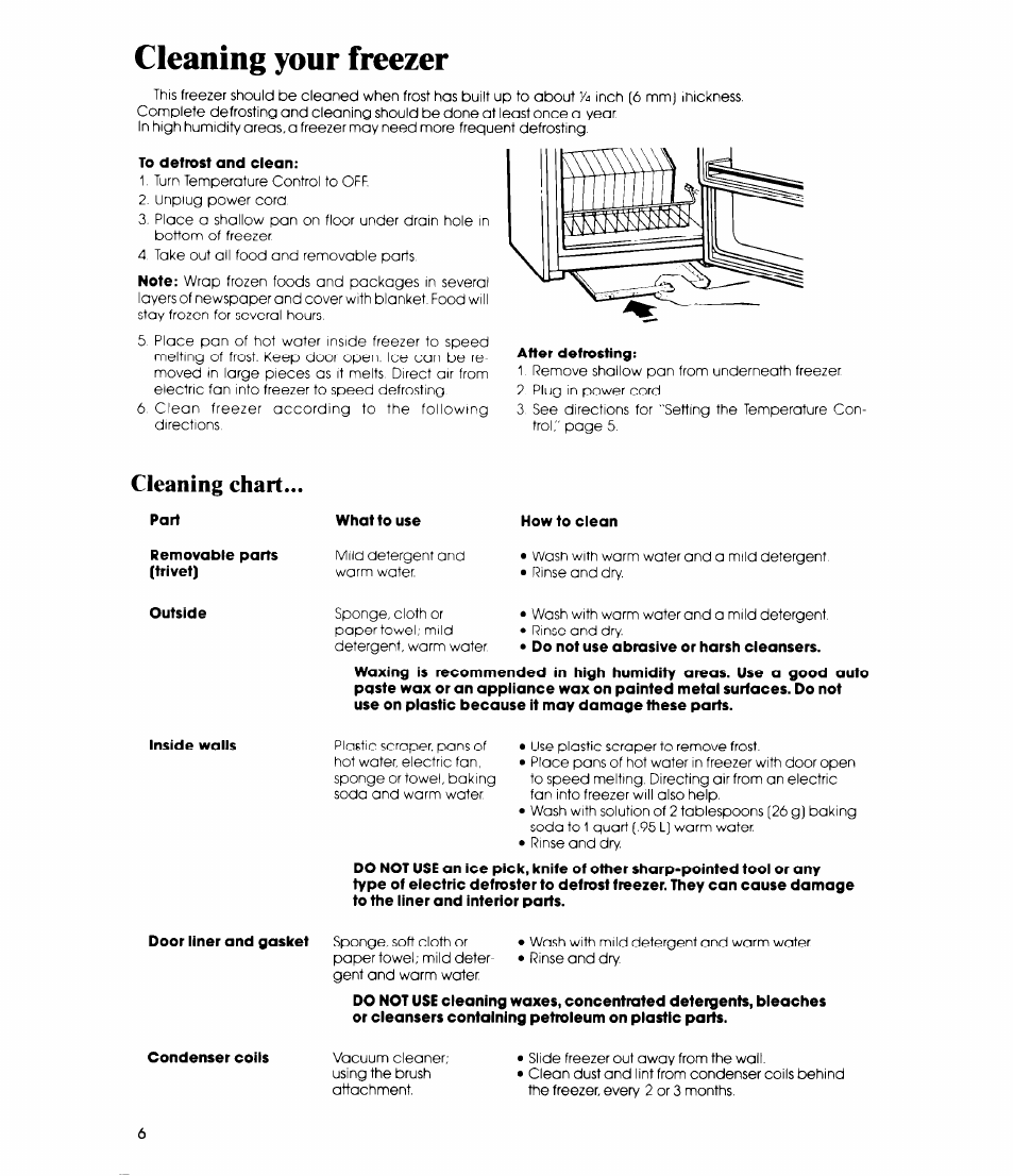 Cleaning your freezer, To defrost and clean, After defrosting | Cleaning chart, Part, What to use, How to clean, Removable parts (trivet), Door liner and gasket | Whirlpool EV150C User Manual | Page 6 / 12