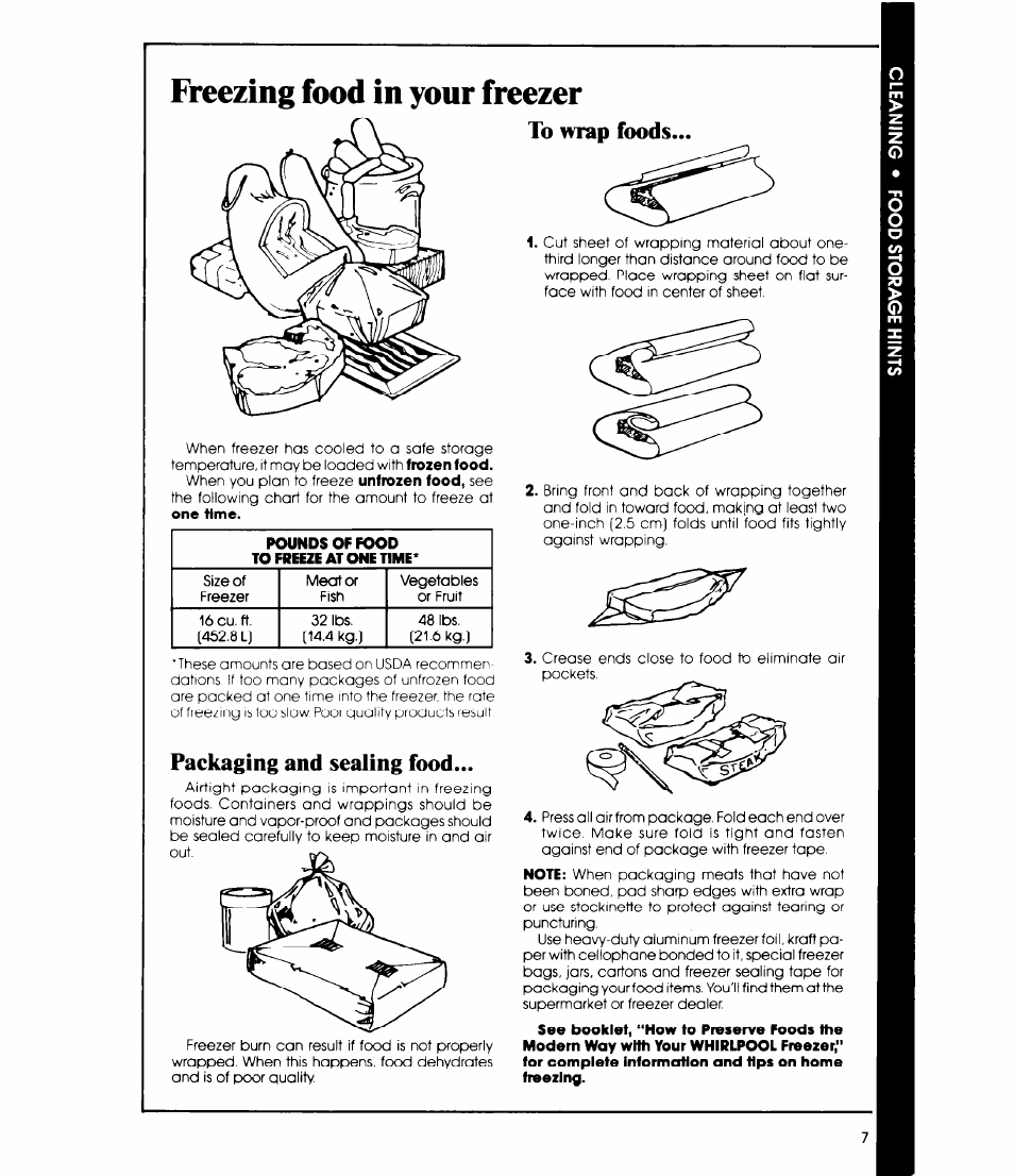 Freezing food in your freezer, To nrap foods, Packaging and sealing food | Freezing food in your freezer. 7, To wrap foods | Whirlpool EV150C User Manual | Page 7 / 12