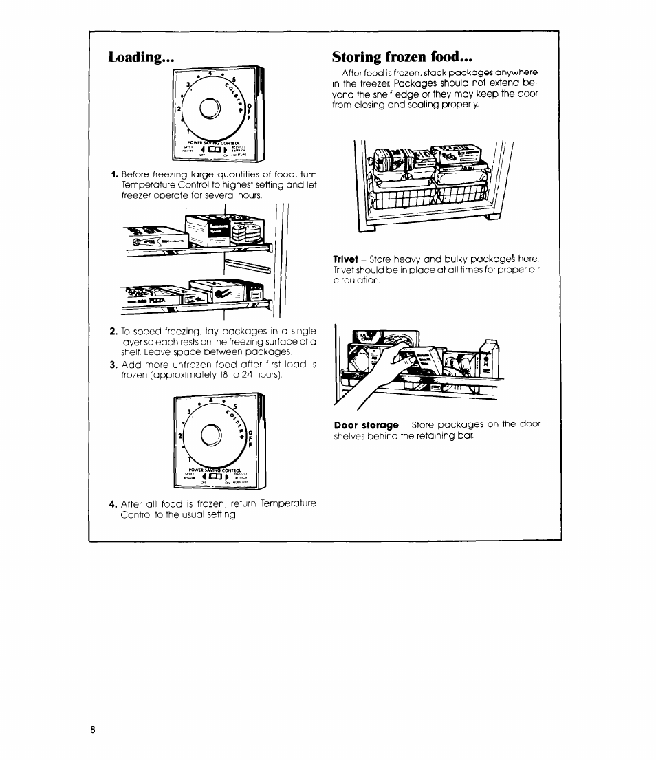 Loading, Storing frozen food, Loading storing frozen food | Whirlpool EV150C User Manual | Page 8 / 12
