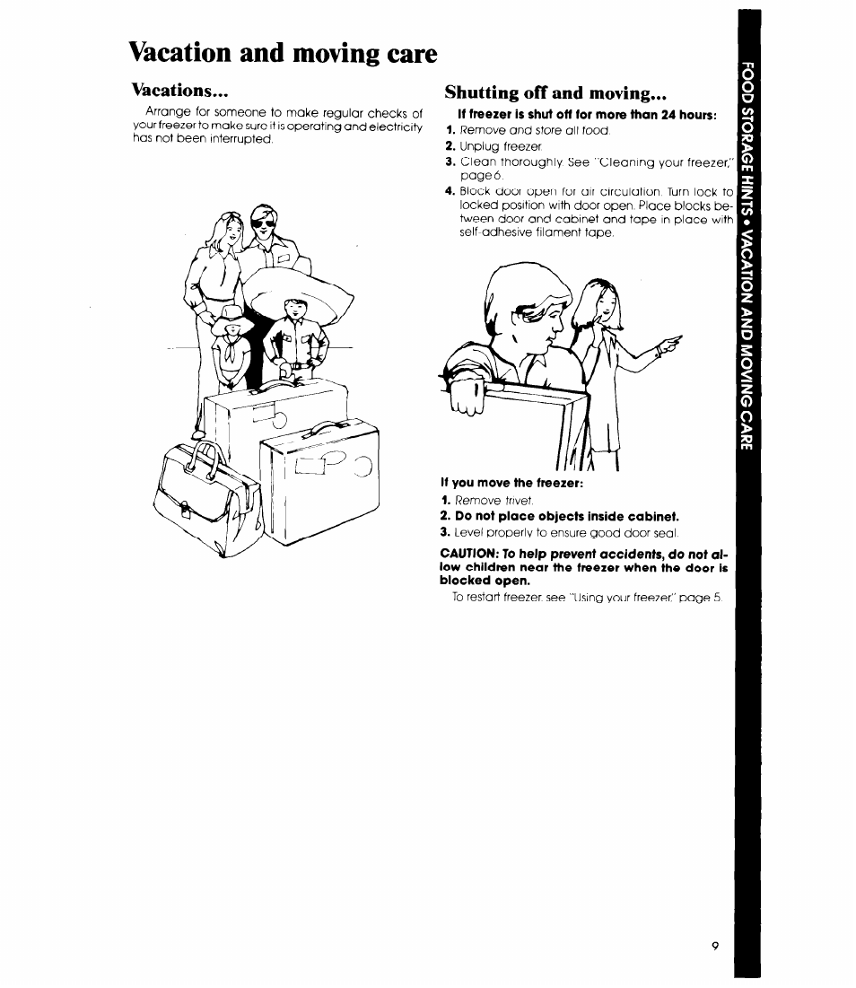 Vacation and moving care, Vacations, Shutting off and moving | Vacations shutting off and moving | Whirlpool EV150C User Manual | Page 9 / 12