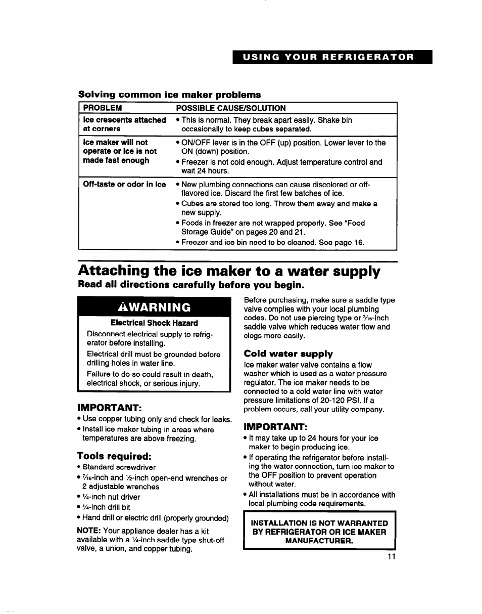 Solving common ice maker problems, Attaching the ice maker to a water supply, Read all directions carefully before you begin | Important, Tools required, Cold water supply, Ikwarning | Whirlpool 2183013 User Manual | Page 11 / 24