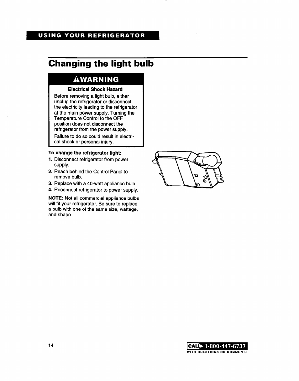 Changing the light bulb, Ikwarning | Whirlpool 2183013 User Manual | Page 14 / 24