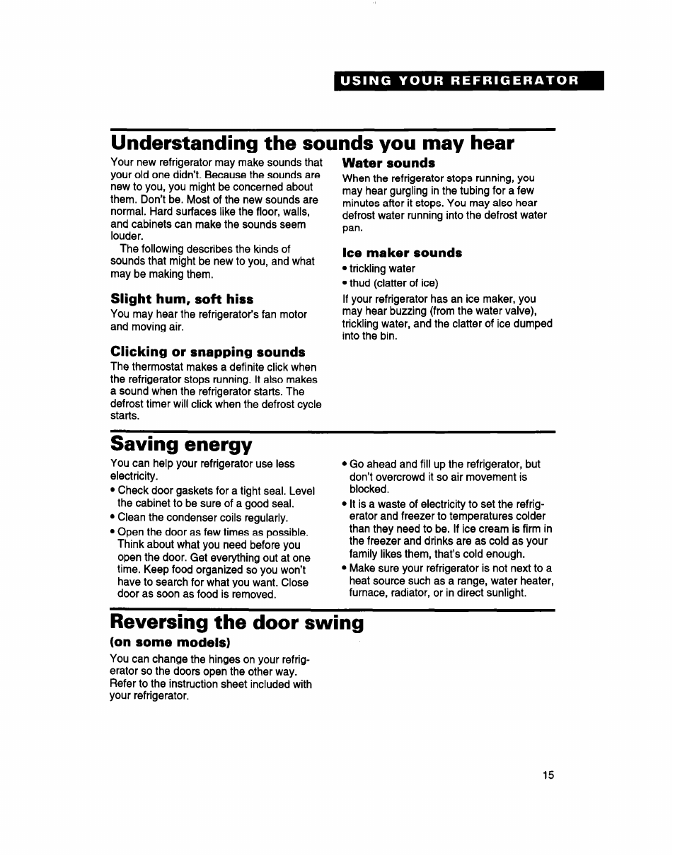 Understanding the sounds you may hear, Slight hum, soft hiss, Clicking or snapping sounds | Water sounds, Ice maker sounds, Saving energy, Reversing the door swing, On some models) | Whirlpool 2183013 User Manual | Page 15 / 24