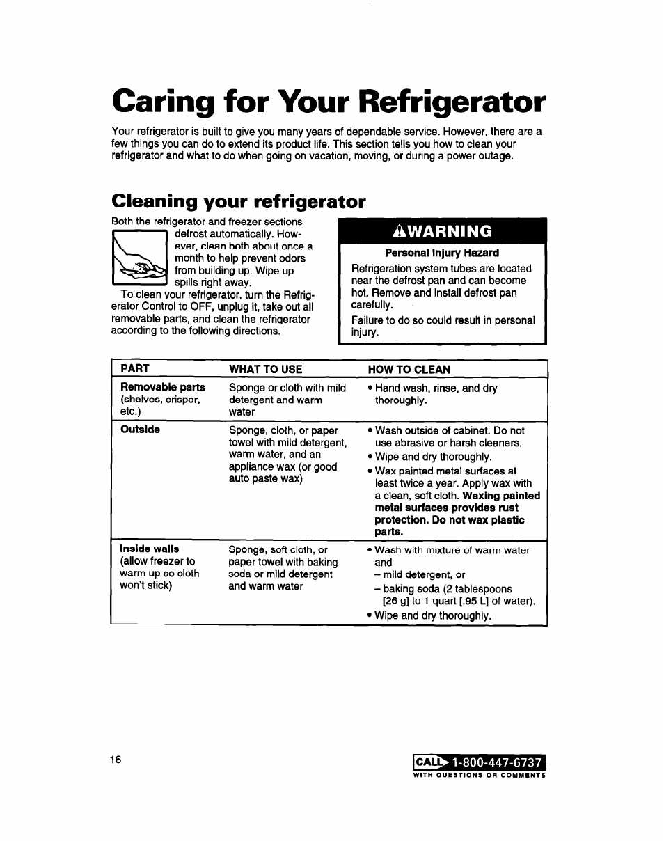 Caring for your refrigerator, Cleaning your refrigerator, Before using your | Refrigerator, Caring for your, Ikwarning | Whirlpool 2183013 User Manual | Page 16 / 24