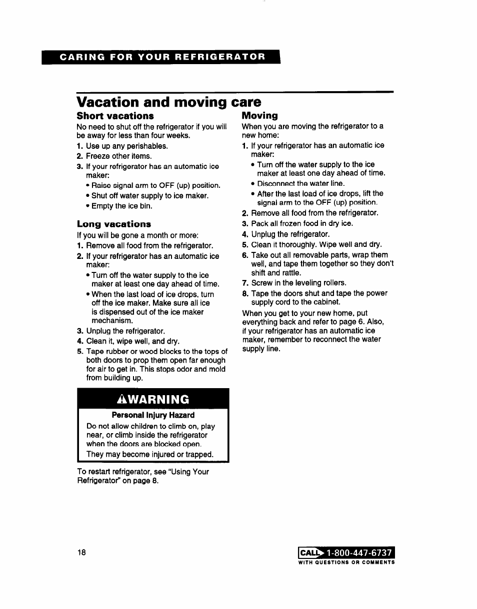 Vacation and moving, Long vacations, Ikwarning | Care | Whirlpool 2183013 User Manual | Page 18 / 24