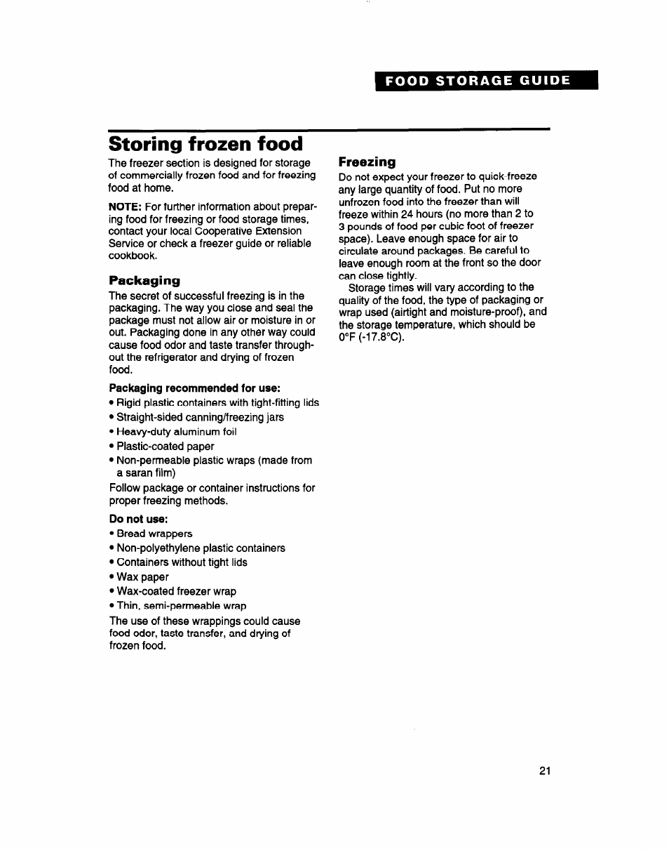 Food storage guide, Storing frozen food, Packaging | Freezing | Whirlpool 2183013 User Manual | Page 21 / 24