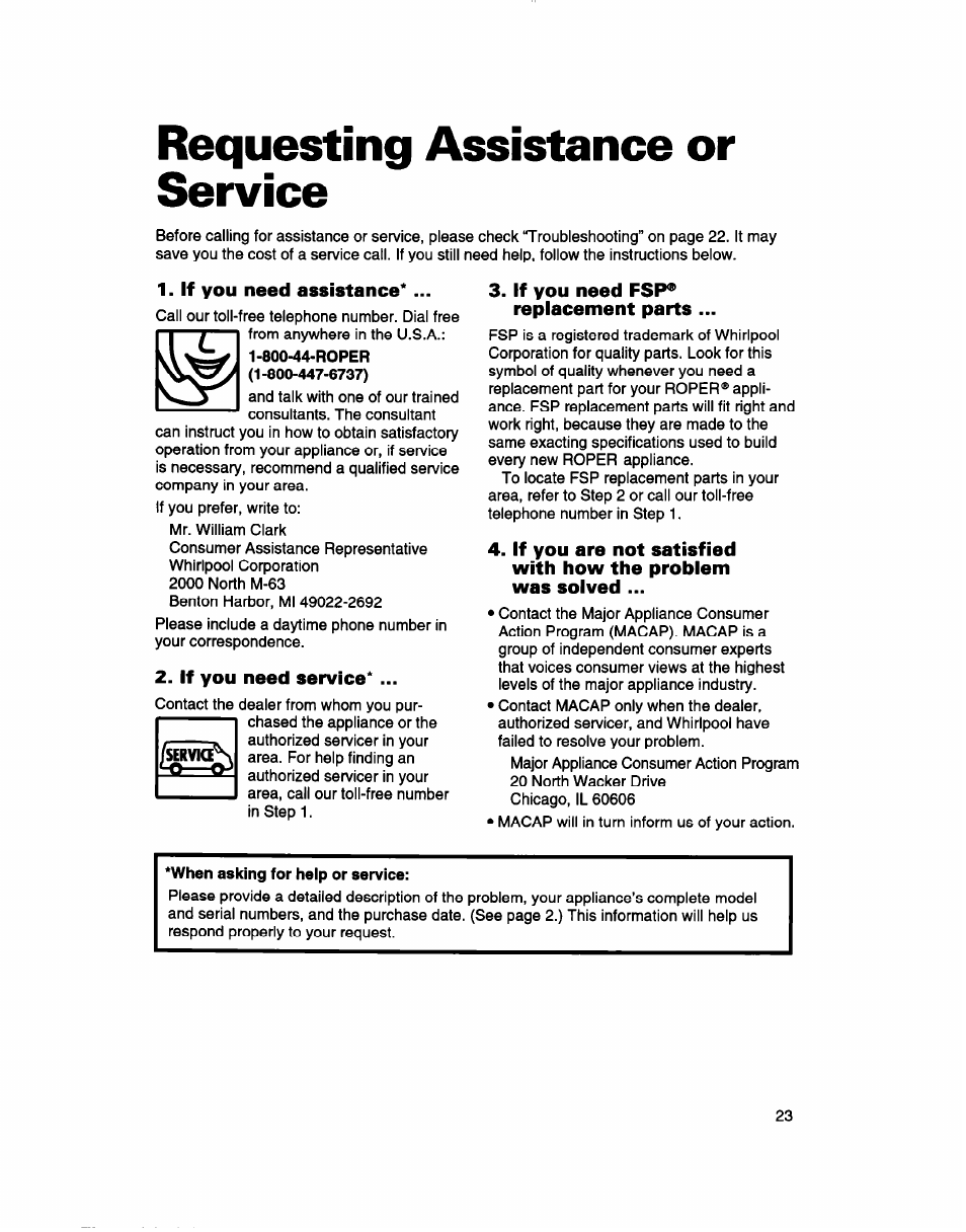 Requesting assistance or service, If you need assistance, If you need service | If you need fsp® replacement parts, Requesting assistance, Or service | Whirlpool 2183013 User Manual | Page 23 / 24