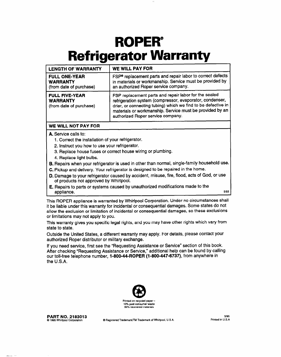 Ropeir, Refrigerator warranty, Ropeir refrigerator warranty | Whirlpool 2183013 User Manual | Page 24 / 24