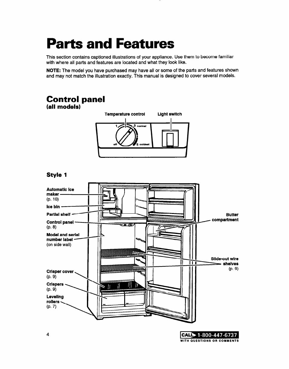 Parts and features, Control panel, All models) | Style 1 | Whirlpool 2183013 User Manual | Page 4 / 24