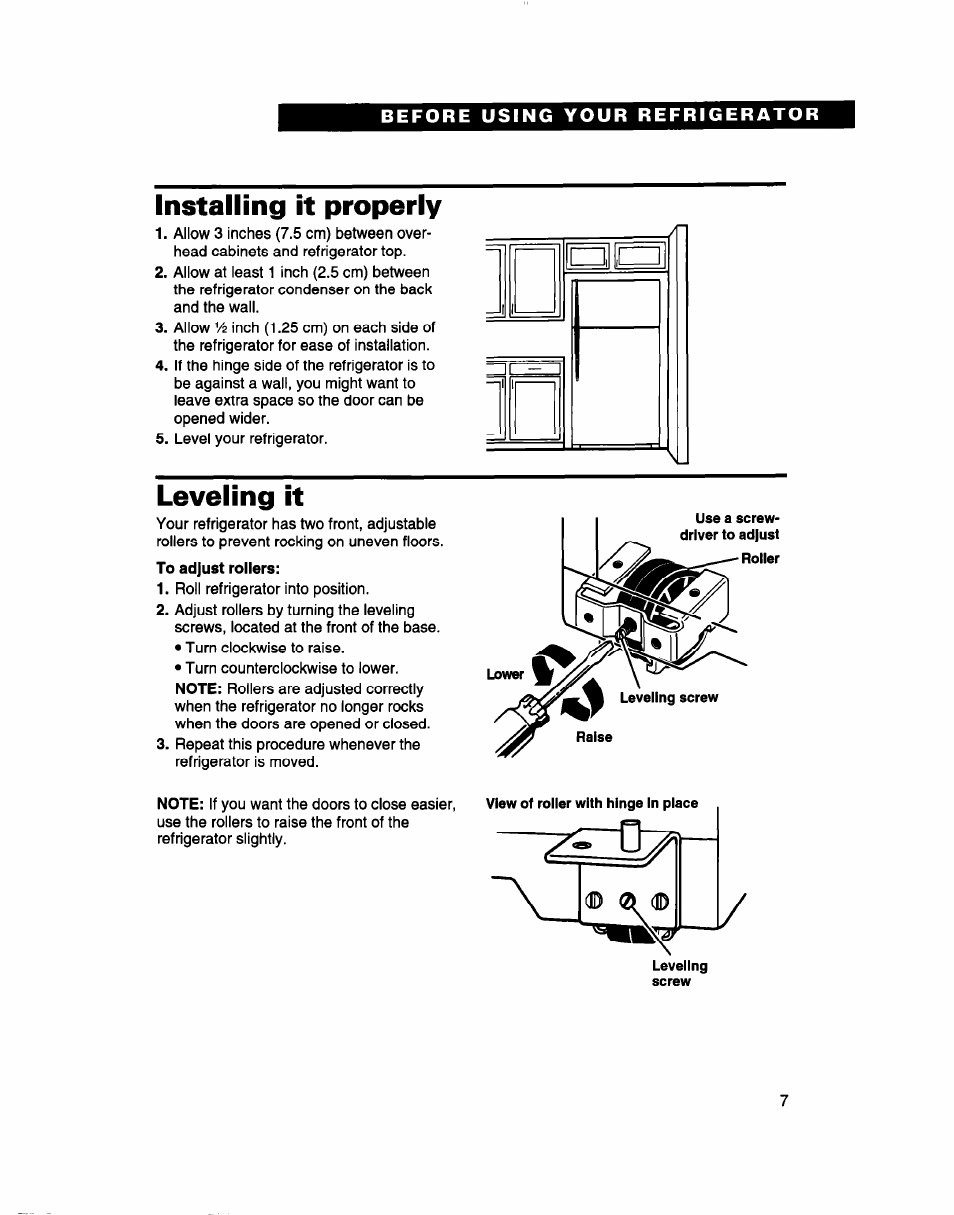 Installing it properly, Leveling it | Whirlpool 2183013 User Manual | Page 7 / 24