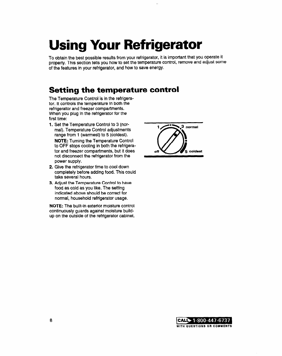 Using your refrigerator, Setting the temperature control | Whirlpool 2183013 User Manual | Page 8 / 24