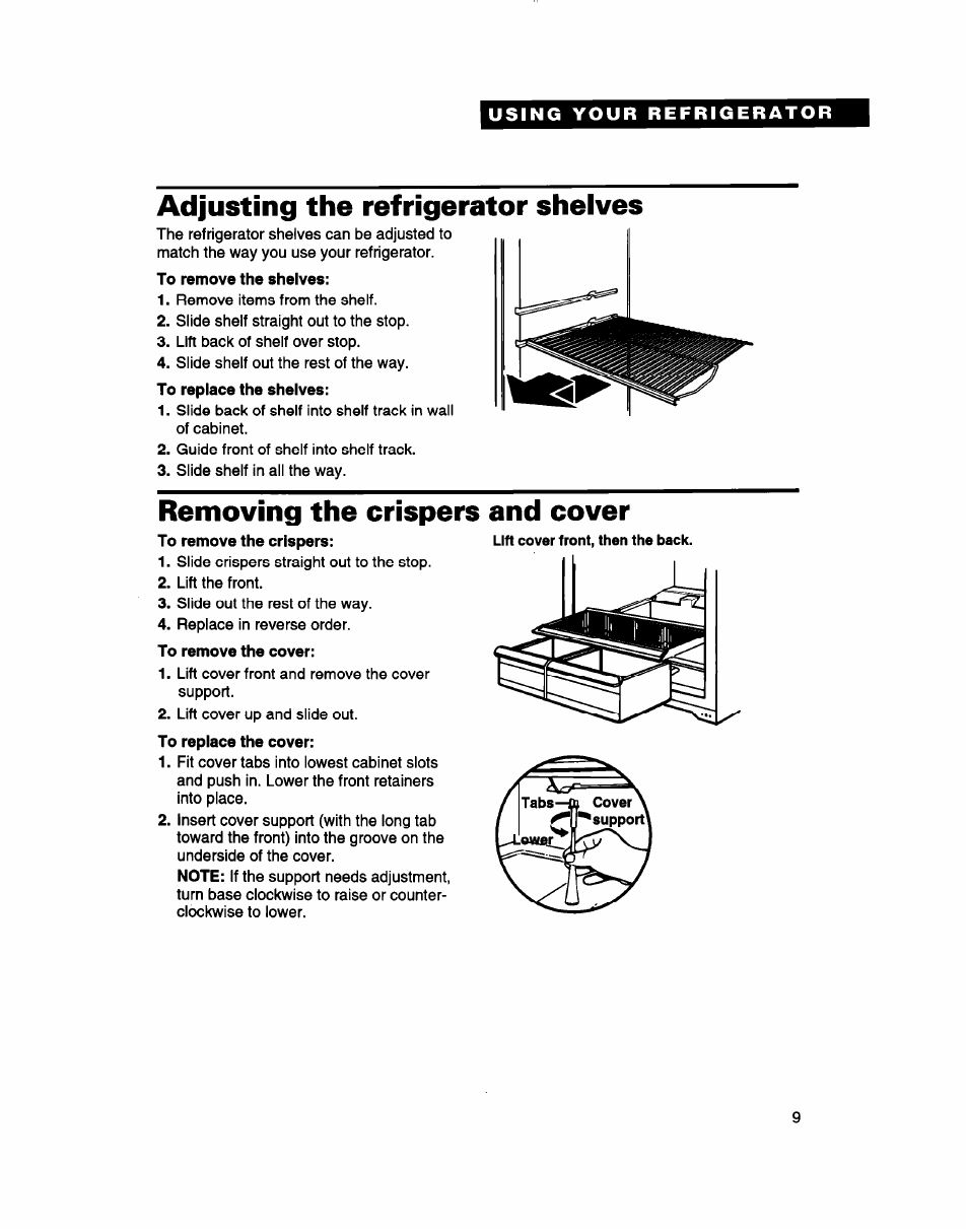 Adjusting the refrigerator shelves, Removing the crispers and cover | Whirlpool 2183013 User Manual | Page 9 / 24