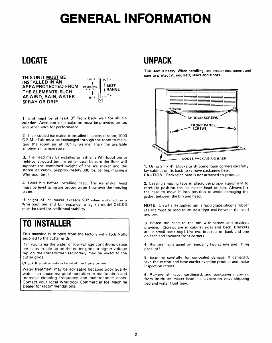 General information, Unpack, Locate unpack | Whirlpool CHCH8WS User Manual | Page 2 / 8