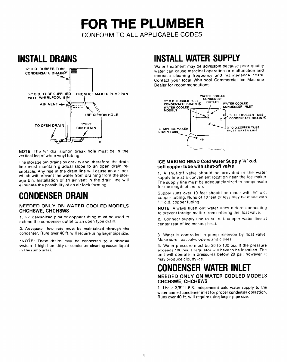 For the plumber, Install drains, Condenser drain | Install water supply, Cdndenser water inlet, Conform to all applicable codes | Whirlpool CHCH8WS User Manual | Page 4 / 8