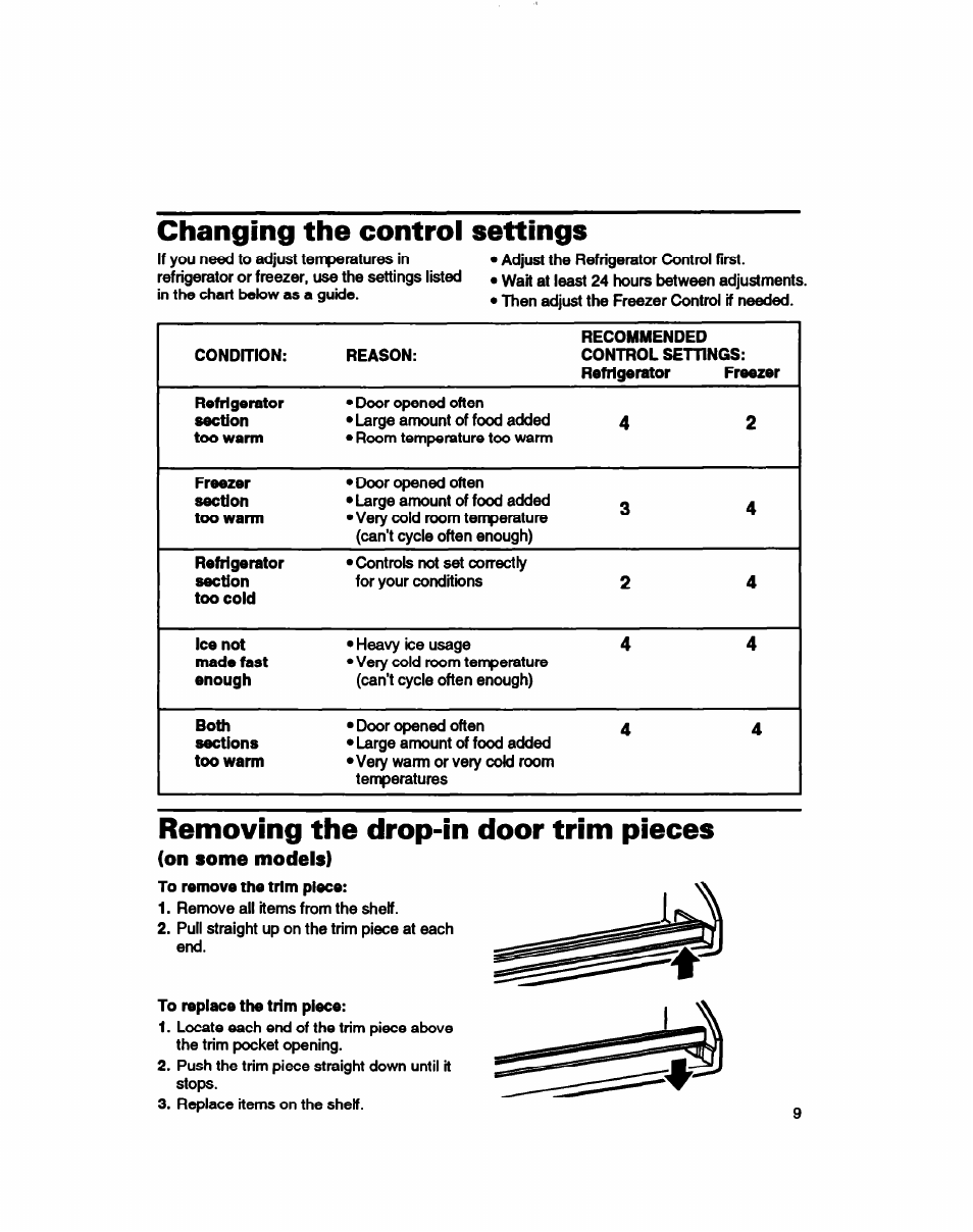 Changing the control settings, Removing the drop-in door trim pieces, On some models) | Whirlpool 3ET16NKXDG00 User Manual | Page 10 / 29