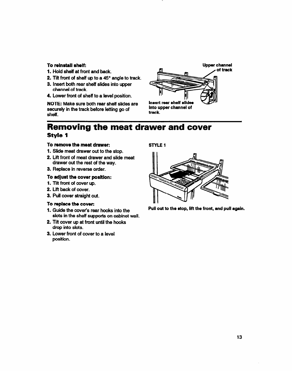 Removing the meat drawer and cover, Style 1 | Whirlpool 3ET16NKXDG00 User Manual | Page 14 / 29