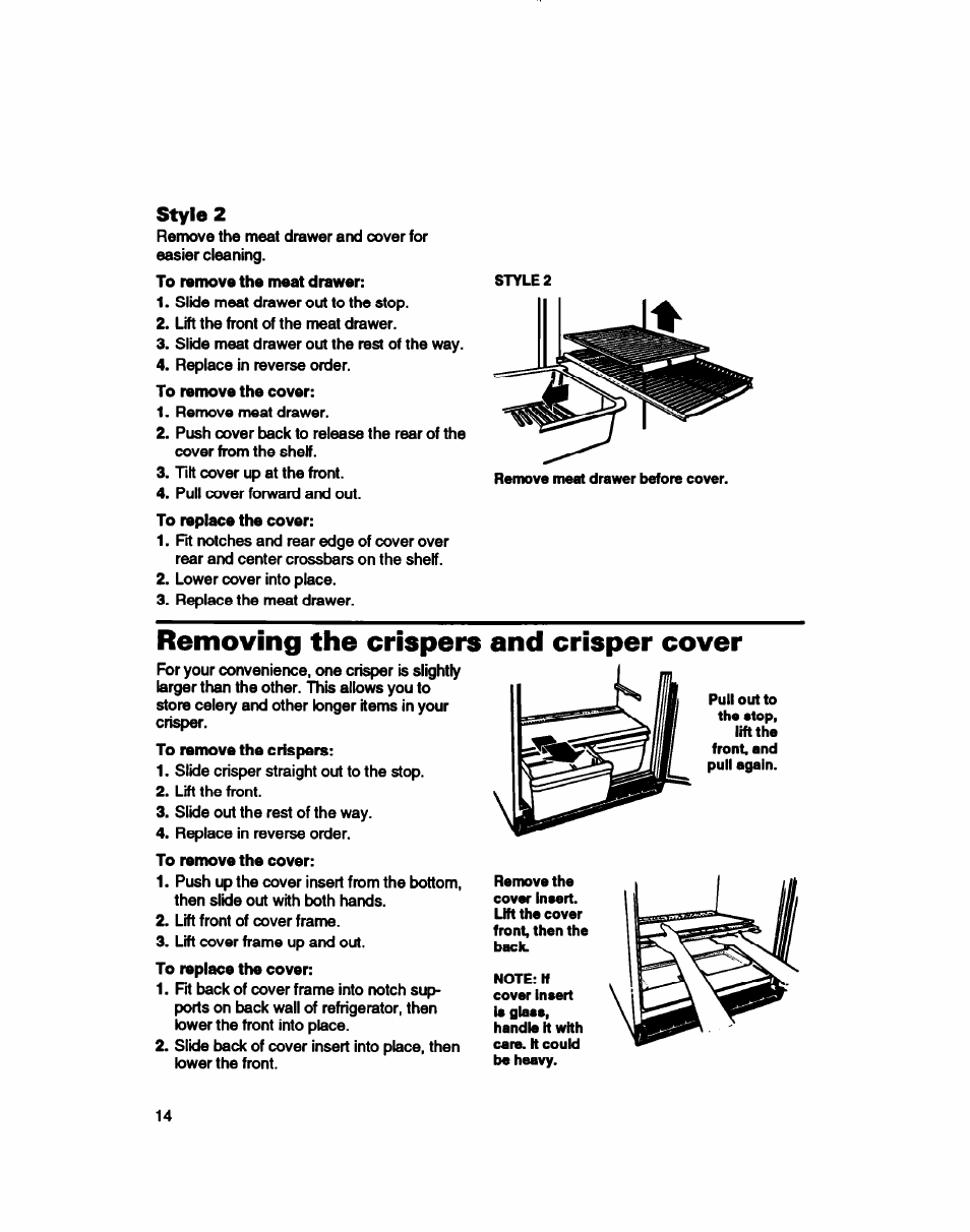 Style 2, Removing the crispers and crisper cover | Whirlpool 3ET16NKXDG00 User Manual | Page 15 / 29