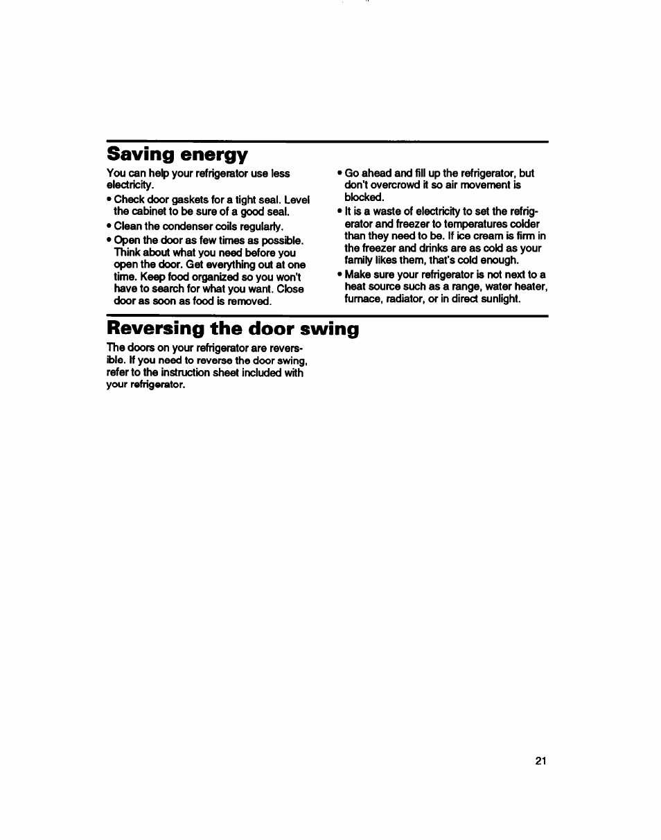Saving energy, Reversing the door swing | Whirlpool 3ET16NKXDG00 User Manual | Page 22 / 29