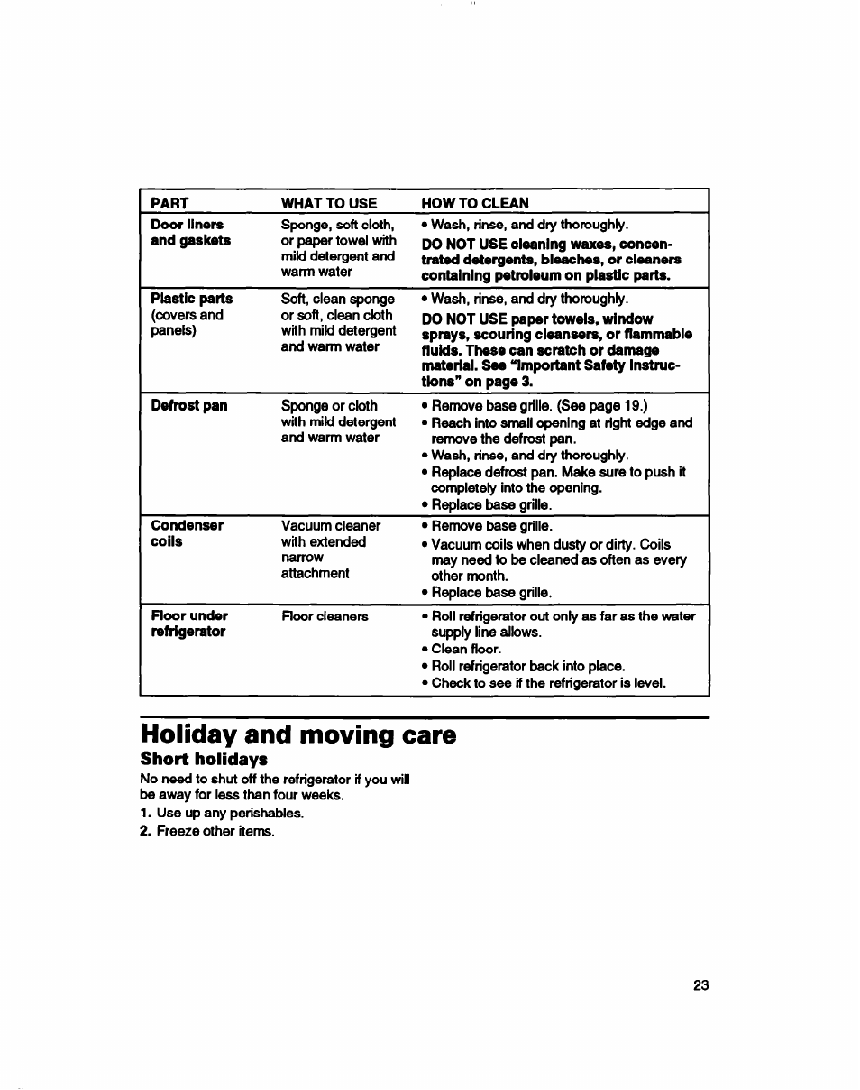 Holiday and moving care, Short holidays | Whirlpool 3ET16NKXDG00 User Manual | Page 24 / 29