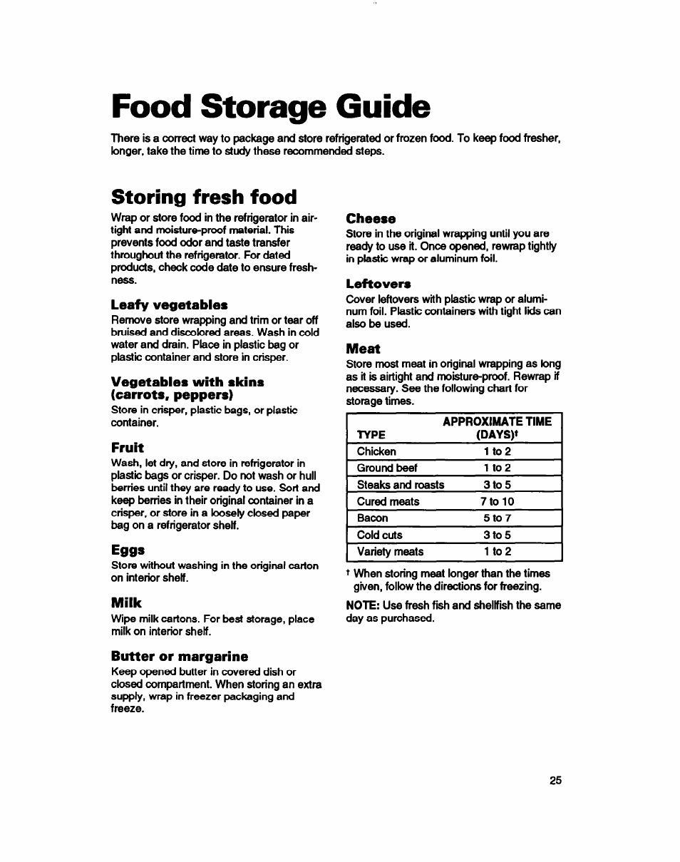 Food storage guide, Storing fresh food, Leafy vegetables | Vegetables with skins (carrots, peppers), Fruit, Eggs, Milk, Butter or margarine, Cheese, Leftovers | Whirlpool 3ET16NKXDG00 User Manual | Page 26 / 29