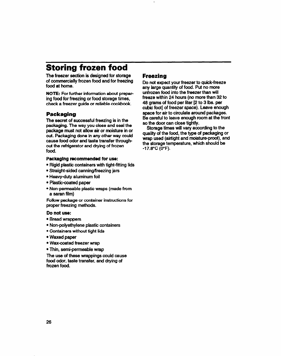 Storing frozen food, Packaging, Freezing | Whirlpool 3ET16NKXDG00 User Manual | Page 27 / 29