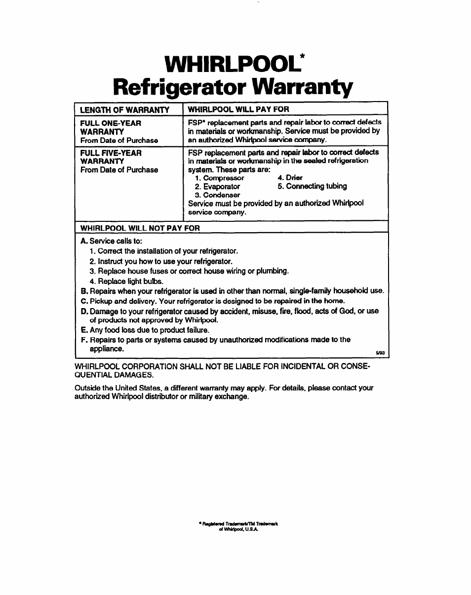 Whirlpool* refrigerator warranty | Whirlpool 3ET16NKXDG00 User Manual | Page 29 / 29