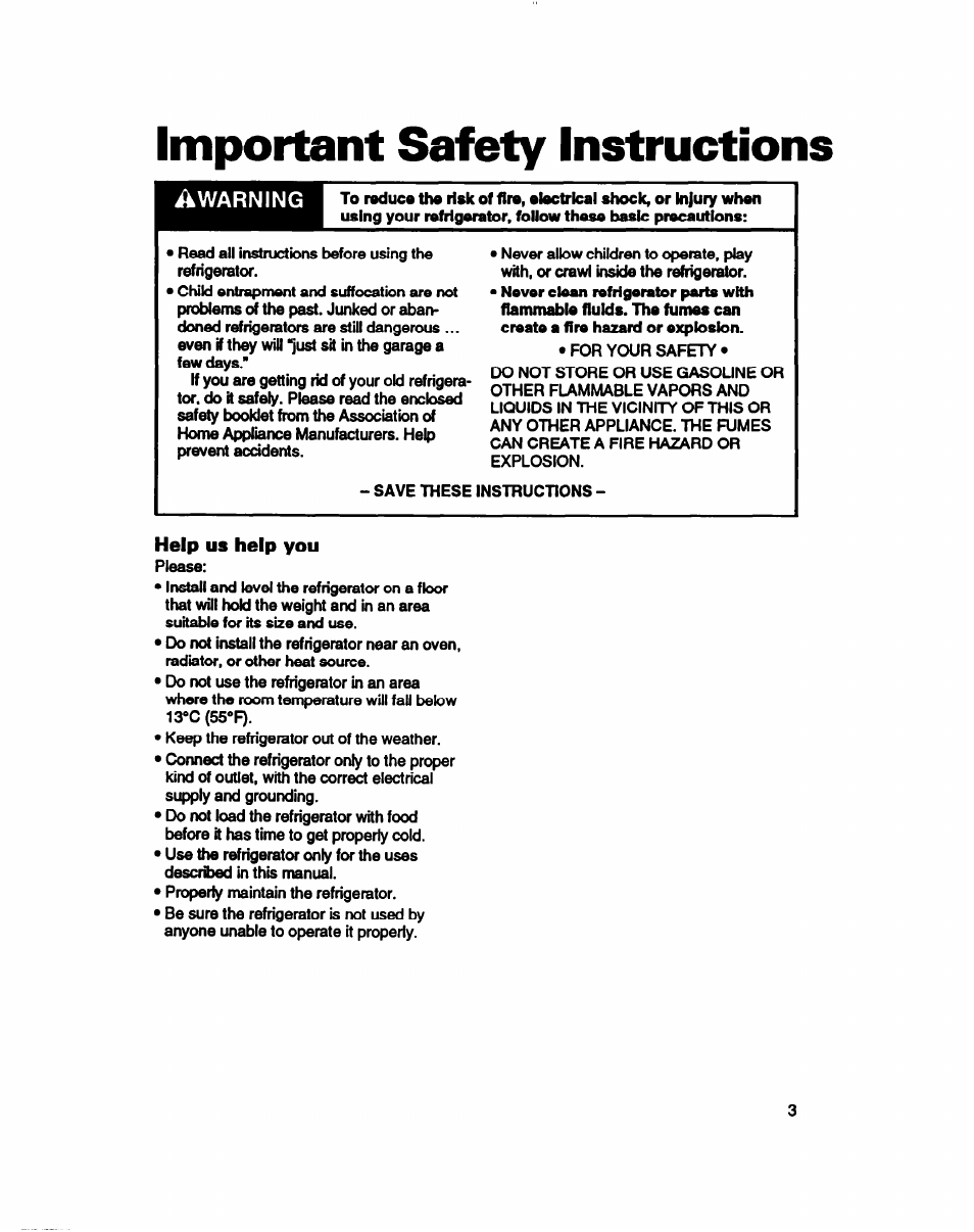 Important saféty instructions, Help us help you, Important safety instructions | Ikwarning | Whirlpool 3ET16NKXDG00 User Manual | Page 4 / 29