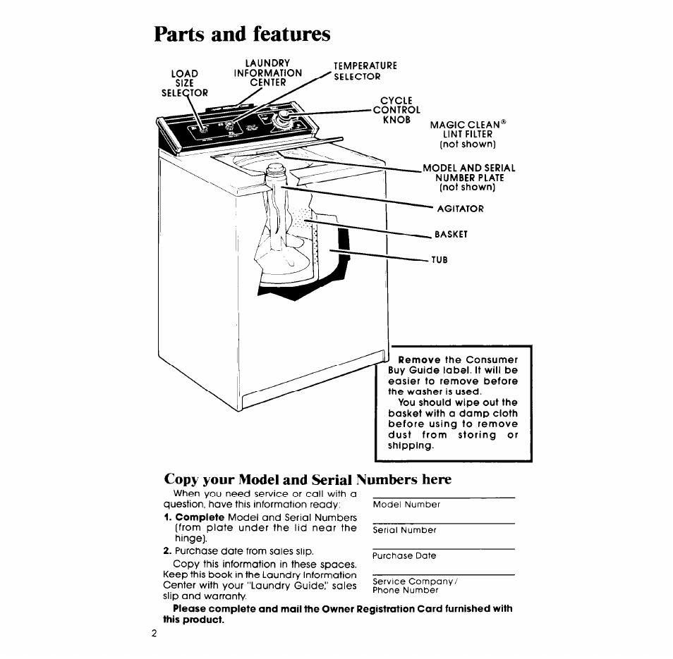 Copy your model and serial numbers here, Parts and features | Whirlpool LA5570XP User Manual | Page 2 / 16