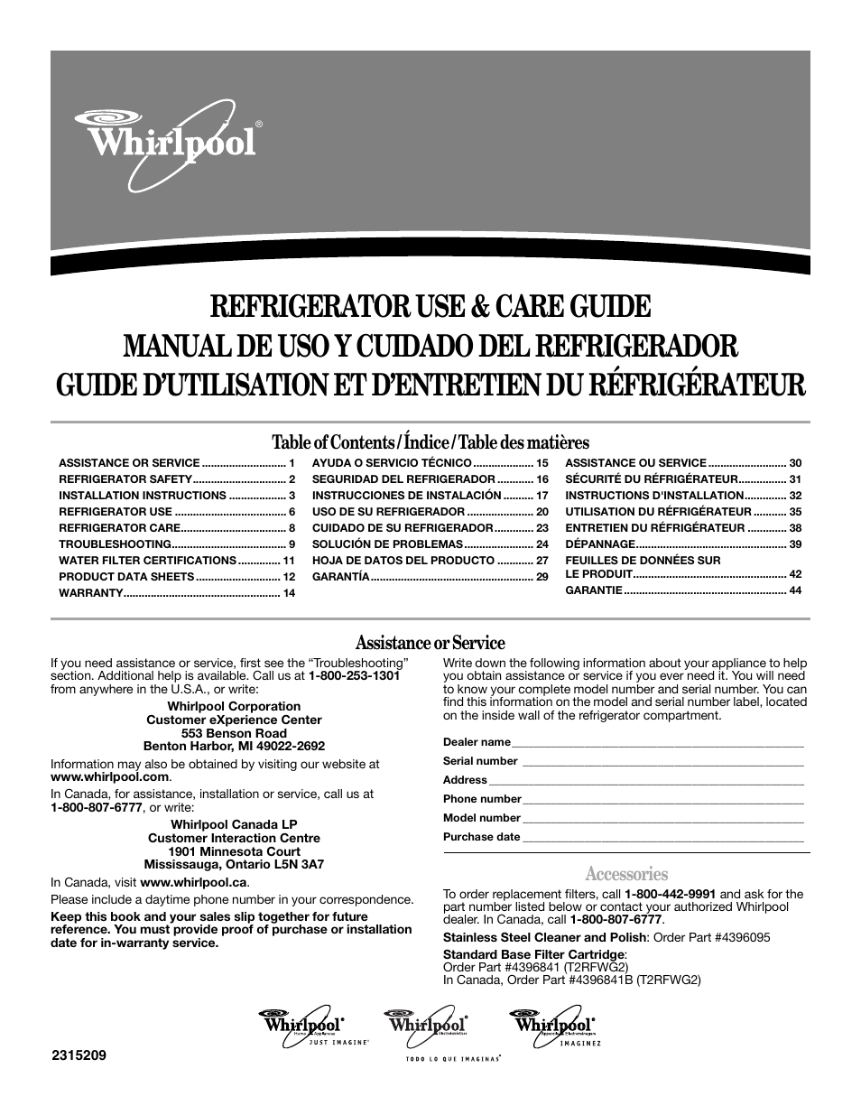 Whirlpool 2315209 User Manual | 44 pages