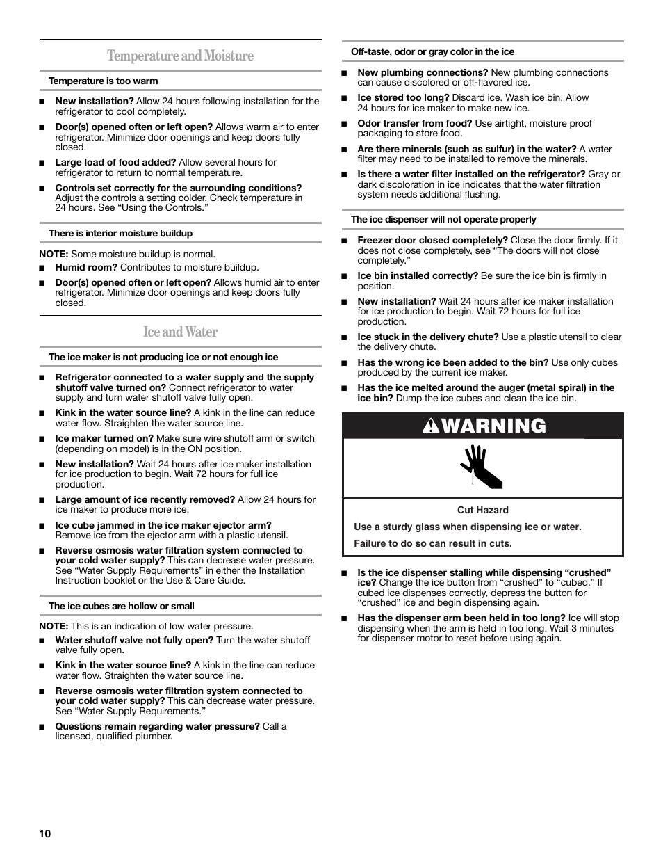 Warning, Temperature and moisture, Ice and water | Whirlpool 2315209 User Manual | Page 10 / 44