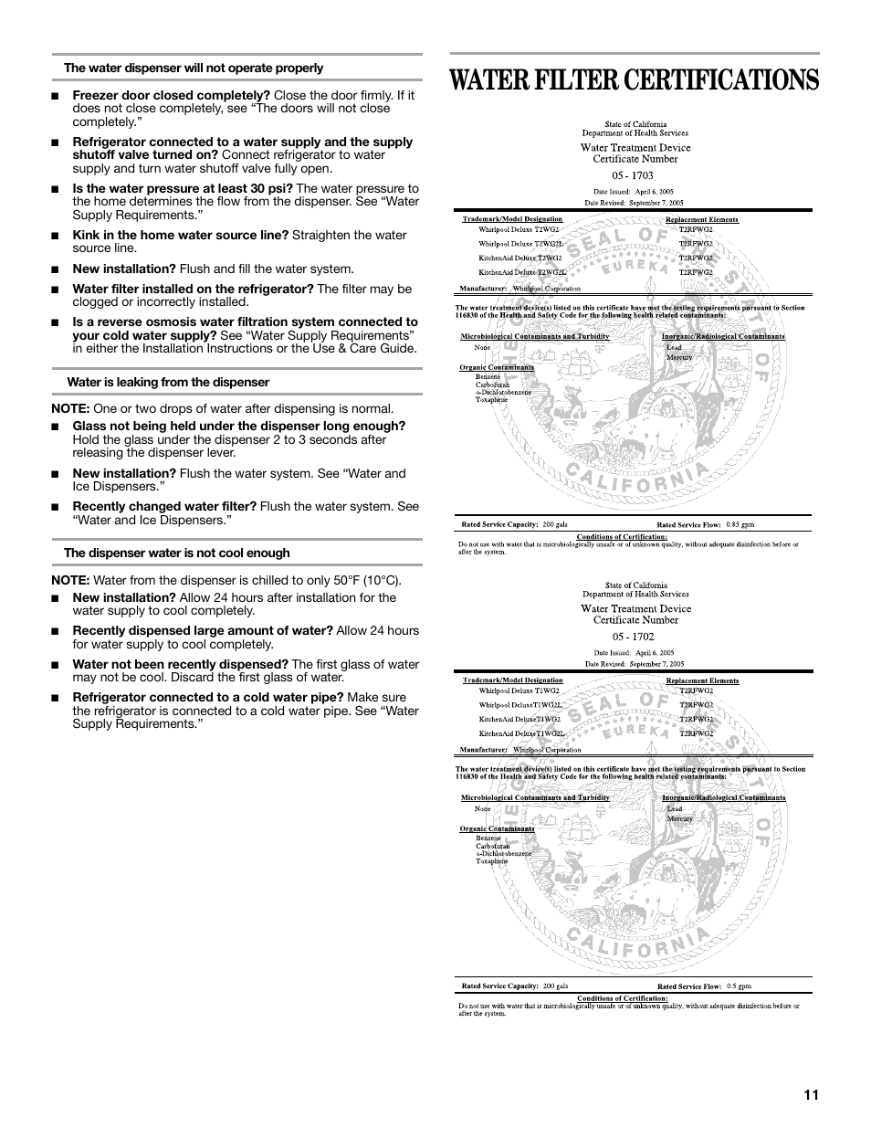 Water filter certifications | Whirlpool 2315209 User Manual | Page 11 / 44