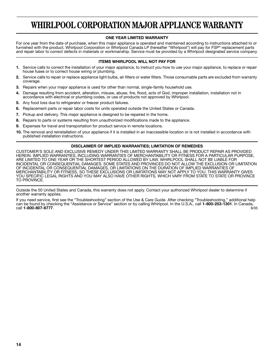 Whirlpool corporation major appliance warranty | Whirlpool 2315209 User Manual | Page 14 / 44