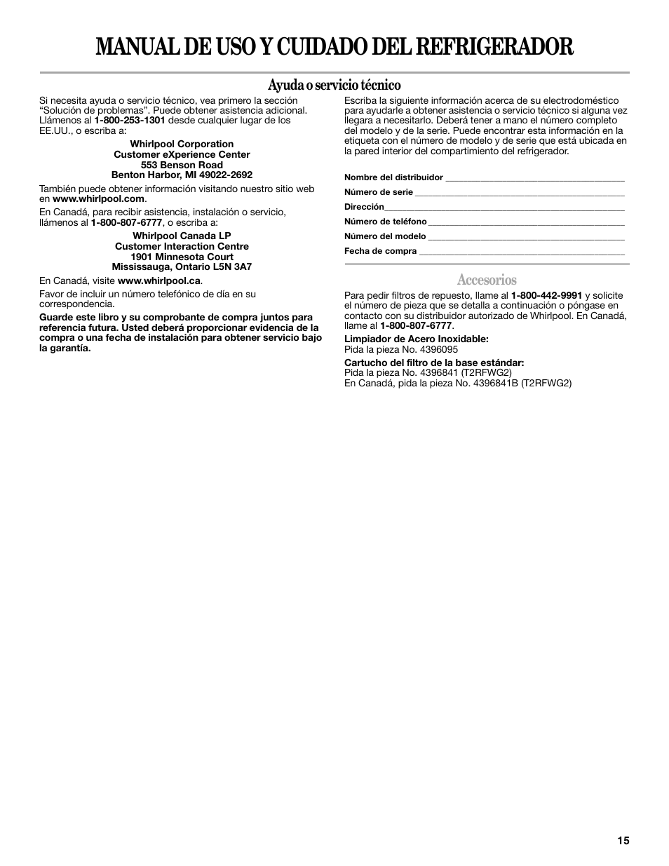 Manual de uso y cuidado del refrigerador, Ayuda o servicio técnico, Accesorios | Whirlpool 2315209 User Manual | Page 15 / 44