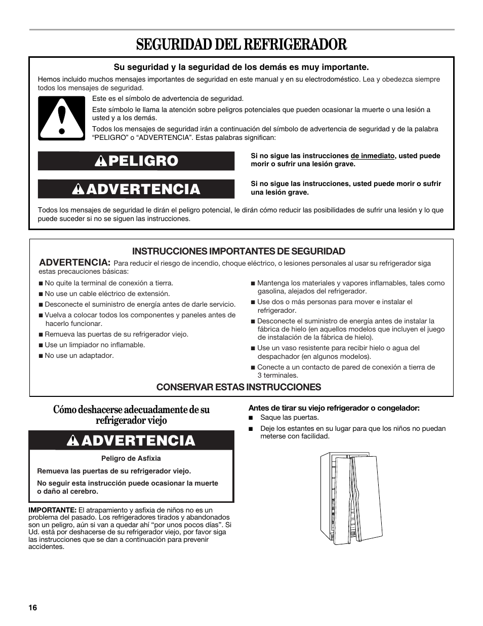 Seguridad del refrigerador, Advertencia peligro, Advertencia | Whirlpool 2315209 User Manual | Page 16 / 44