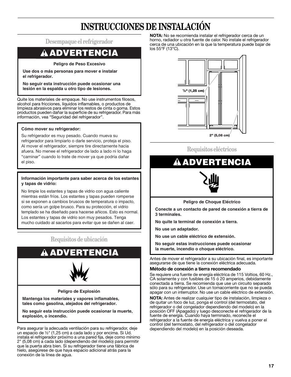 Instrucciones de instalación, Advertencia, Desempaque el refrigerador | Requisitos de ubicación, Requisitos eléctricos | Whirlpool 2315209 User Manual | Page 17 / 44
