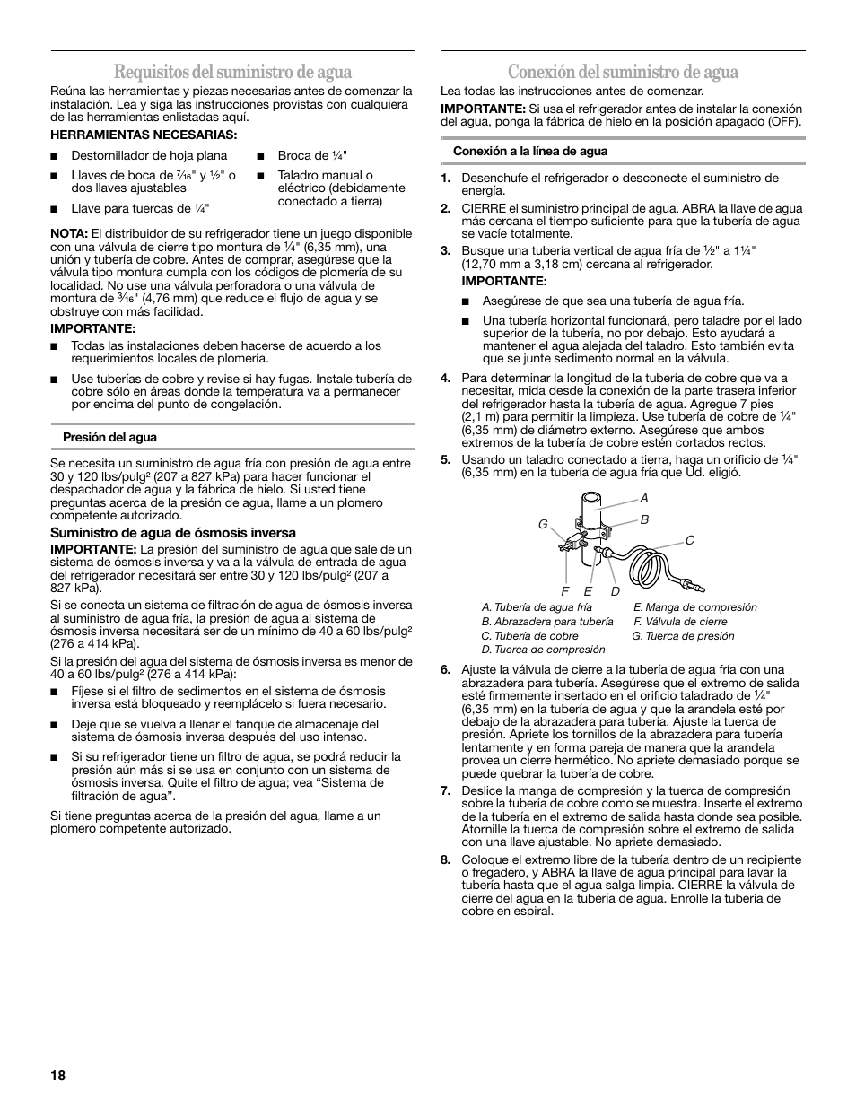 Requisitos del suministro de agua, Conexión del suministro de agua | Whirlpool 2315209 User Manual | Page 18 / 44