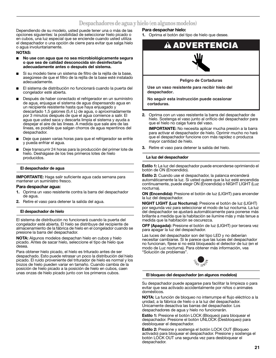 Advertencia, Despachadores de agua y hielo (en algunos modelos) | Whirlpool 2315209 User Manual | Page 21 / 44