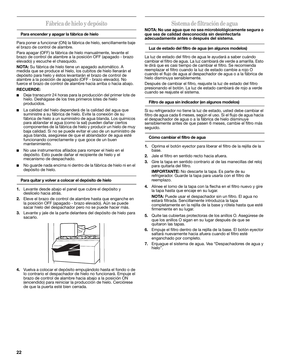 Fábrica de hielo y depósito, Sistema de filtración de agua | Whirlpool 2315209 User Manual | Page 22 / 44