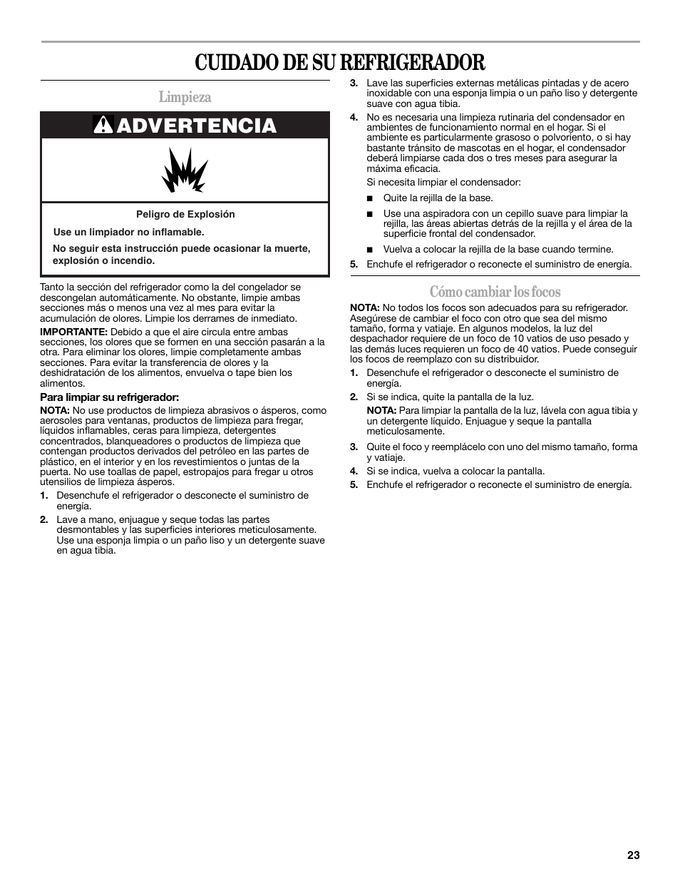 Cuidado de su refrigerador, Advertencia, Limpieza | Cómo cambiar los focos | Whirlpool 2315209 User Manual | Page 23 / 44