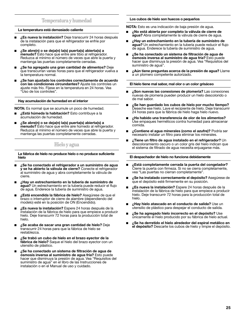 Temperatura y humedad, Hielo y agua | Whirlpool 2315209 User Manual | Page 25 / 44