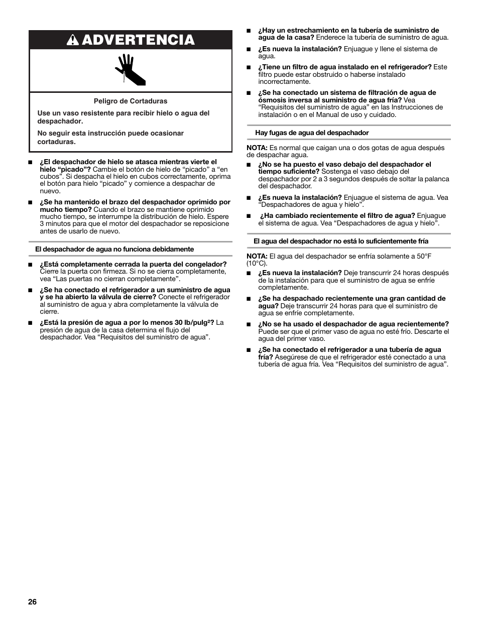 Advertencia | Whirlpool 2315209 User Manual | Page 26 / 44