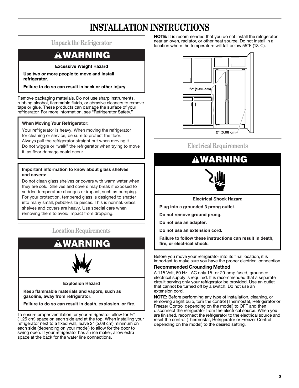 Installation instructions, Warning, Unpack the refrigerator | Location requirements, Electrical requirements | Whirlpool 2315209 User Manual | Page 3 / 44