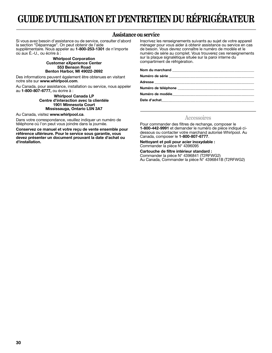 Assistance ou service, Accessoires | Whirlpool 2315209 User Manual | Page 30 / 44