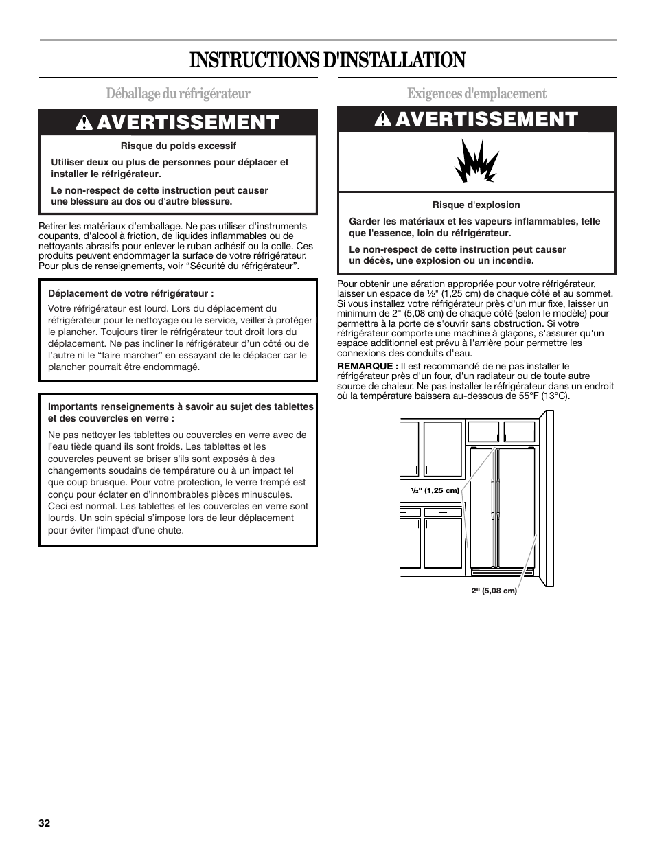 Instructions d'installation, Avertissement, Déballage du réfrigérateur | Exigences d'emplacement | Whirlpool 2315209 User Manual | Page 32 / 44