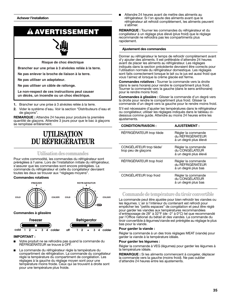 Utilisation du réfrigérateur, Avertissement, Utilisation des commandes | Commande de température du tiroir convertible | Whirlpool 2315209 User Manual | Page 35 / 44