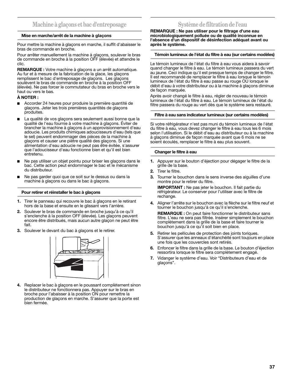 Machine à glaçons et bac d'entreposage, Système de filtration de l'eau | Whirlpool 2315209 User Manual | Page 37 / 44