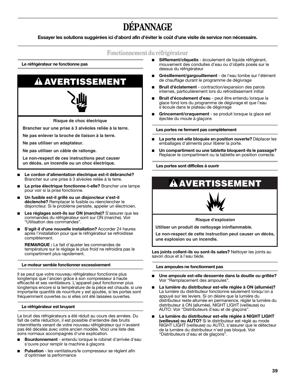 Dépannage, Avertissement, Fonctionnement du réfrigérateur | Whirlpool 2315209 User Manual | Page 39 / 44